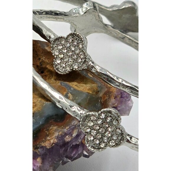 Silver Tone Crystal Rhinestone Clover Bangle Bracelets Set Of 2 Costume Jewelry - Picture 2 of 7